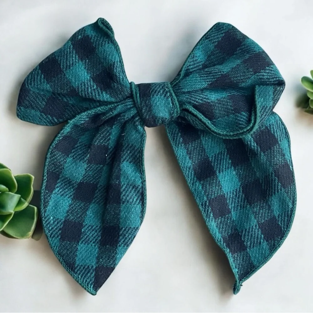 Green Plaid Hair Bow For Kids